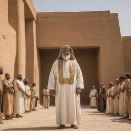 In the Pharaoh's grand courtyard, Prophet Moses stands boldly before the Pharaoh's magicians, ready to demonstrate the true power of his divine message against their illusions.