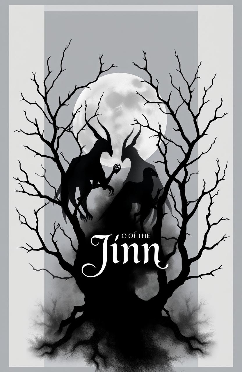 A mystical book cover featuring the theme of jinn, designed in grey, black, and white colors