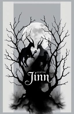 A mystical book cover featuring the theme of jinn, designed in grey, black, and white colors