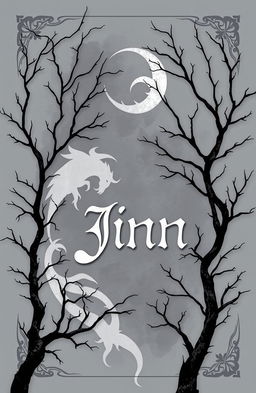 A mystical book cover featuring the theme of jinn, designed in grey, black, and white colors
