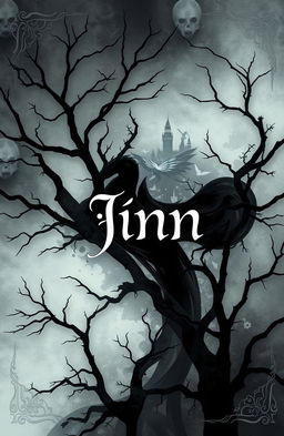 A mystical book cover featuring the theme of jinn, designed in grey, black, and white colors