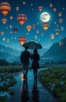 A romantic long-distance love story scene set on a rainy night with an aesthetic view of nature and mountains illuminated by a beautiful moon