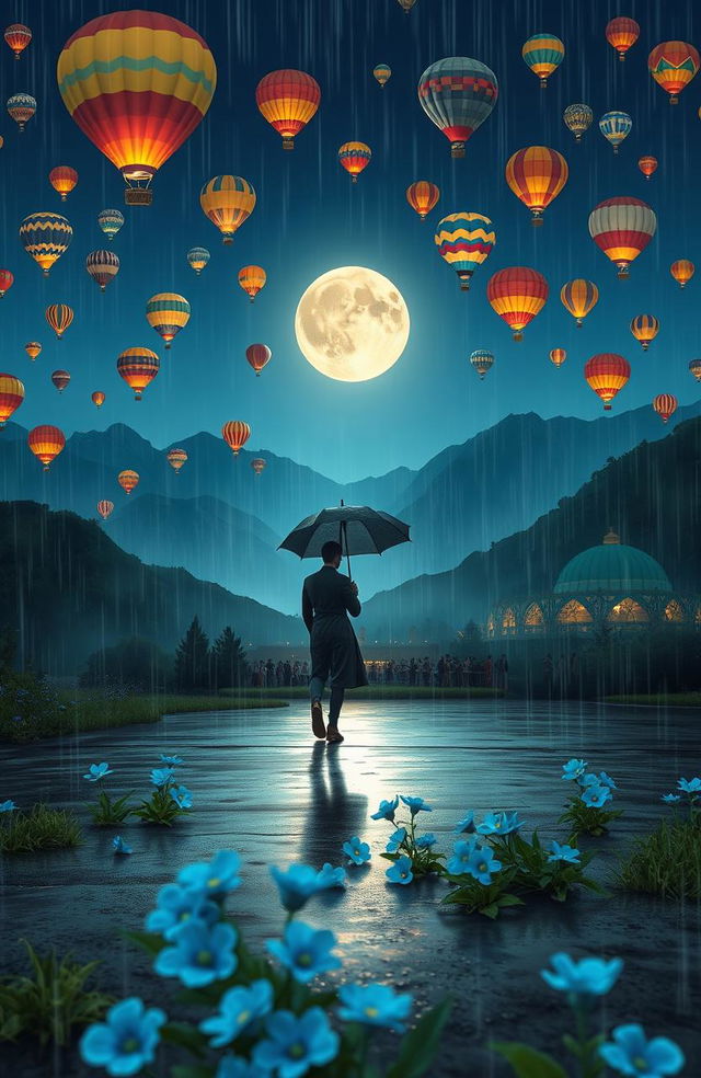 A romantic long-distance love story scene set on a rainy night with an aesthetic view of nature and mountains illuminated by a beautiful moon