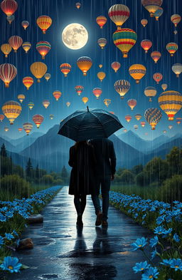 A romantic long-distance love story scene set on a rainy night with an aesthetic view of nature and mountains illuminated by a beautiful moon