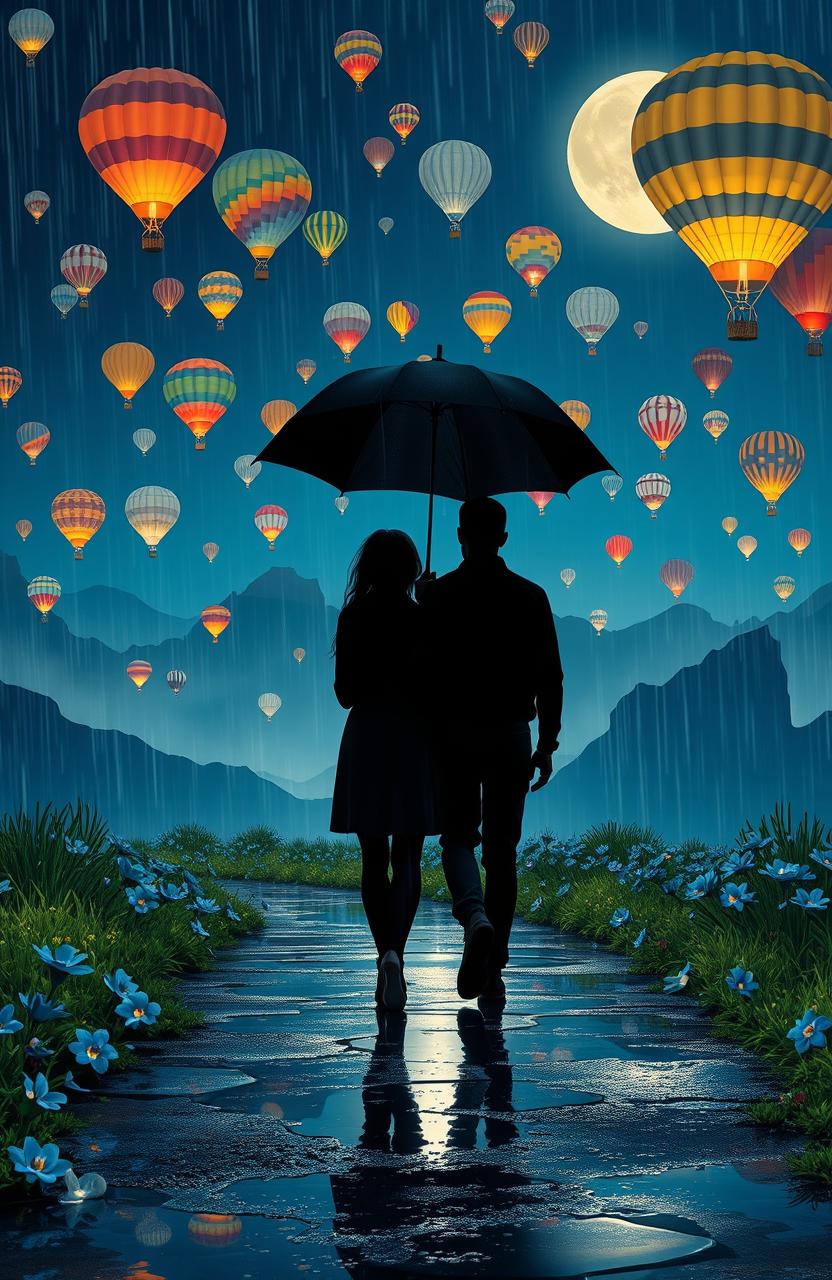 A romantic long-distance love story scene set on a rainy night with an aesthetic view of nature and mountains illuminated by a beautiful moon