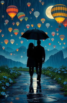 A romantic long-distance love story scene set on a rainy night with an aesthetic view of nature and mountains illuminated by a beautiful moon