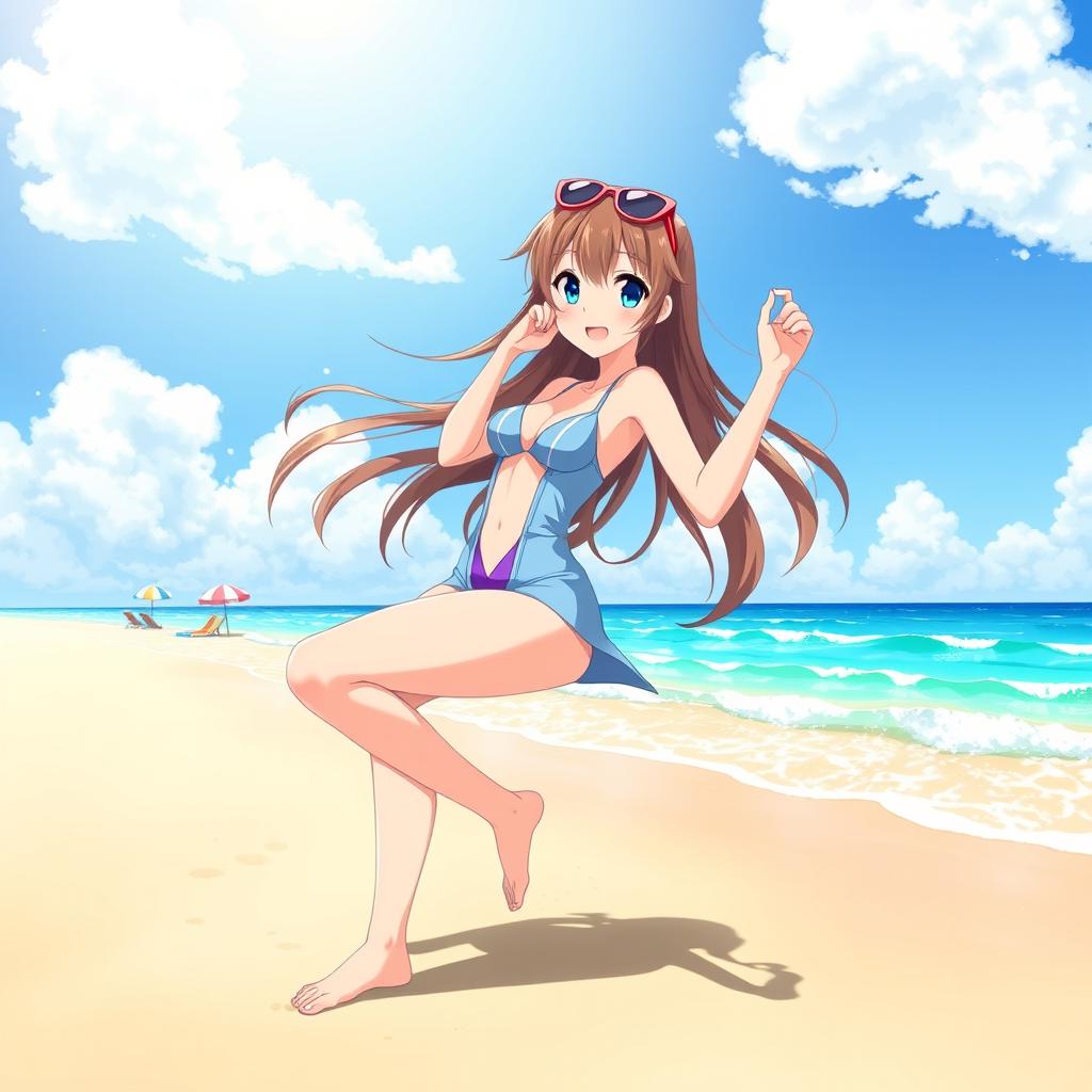 An enchanting anime girl in a stylish swimsuit, playfully posing on a sunlit beach