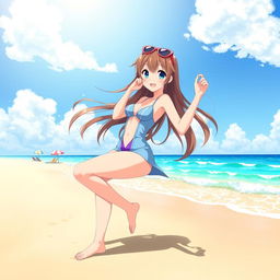 An enchanting anime girl in a stylish swimsuit, playfully posing on a sunlit beach
