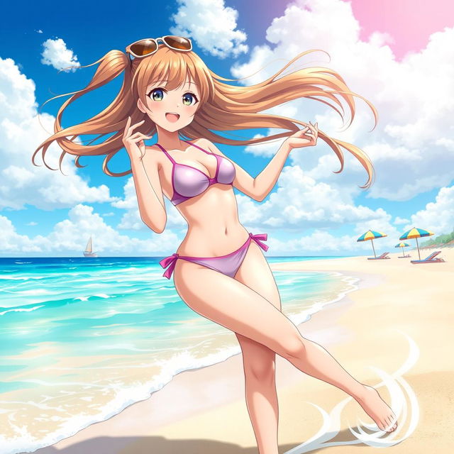 An enchanting anime girl in a stylish swimsuit, playfully posing on a sunlit beach
