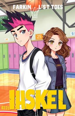 A book cover illustration featuring a tall boy who is a basketball player, with grayish eyes and a unique hairstyle that combines pink and black