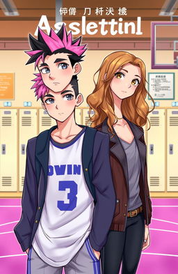 A book cover illustration featuring a tall boy who is a basketball player, with grayish eyes and a unique hairstyle that combines pink and black
