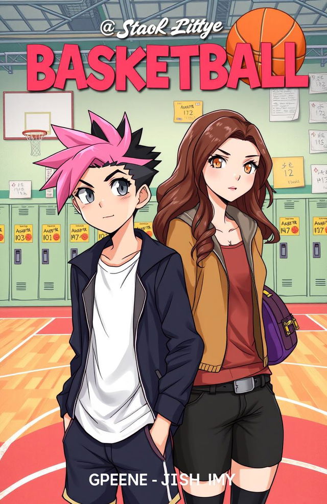 A book cover illustration featuring a tall boy who is a basketball player, with grayish eyes and a unique hairstyle that combines pink and black