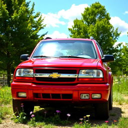 A vibrant red 2001 Chevy Tracker parked in an idyllic outdoor setting, showcasing its rugged yet stylish design