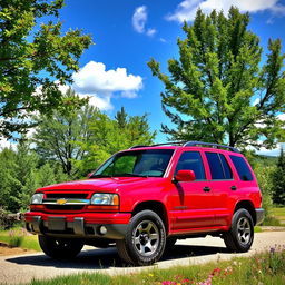 A vibrant red 2001 Chevy Tracker parked in an idyllic outdoor setting, showcasing its rugged yet stylish design