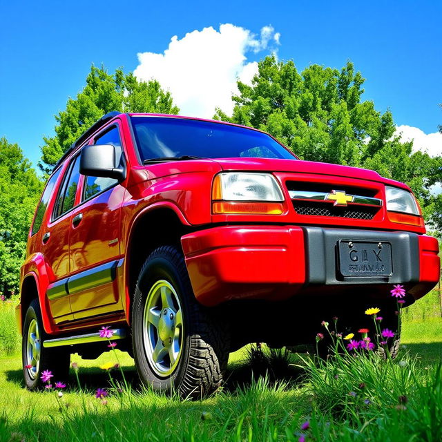 A vibrant red 2001 Chevy Tracker parked in an idyllic outdoor setting, showcasing its rugged yet stylish design