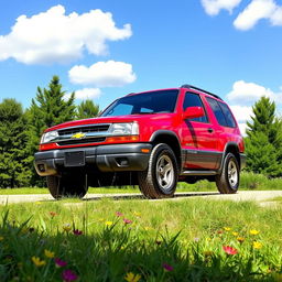 A vibrant red 2001 Chevy Tracker parked in an idyllic outdoor setting, showcasing its rugged yet stylish design