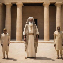 In the Pharaoh's grand courtyard, Prophet Moses stands boldly before the Pharaoh's magicians, ready to demonstrate the true power of his divine message against their illusions.