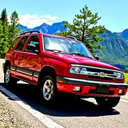 A vibrant red 2001 Chevy Tracker parked on a scenic mountain road, surrounded by lush green trees and a clear blue sky