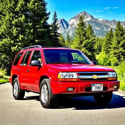 A vibrant red 2001 Chevy Tracker parked on a scenic mountain road, surrounded by lush green trees and a clear blue sky