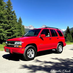 A vibrant red 2001 Chevy Tracker parked on a scenic mountain road, surrounded by lush green trees and a clear blue sky
