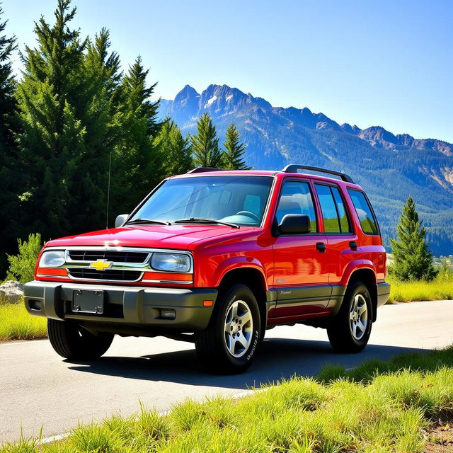 A vibrant red 2001 Chevy Tracker parked on a scenic mountain road, surrounded by lush green trees and a clear blue sky