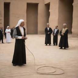 In the Pharaoh's bustling courtyard, a magician throws a rope onto the ground, his eyes flashing with anticipation as observers wait with bated breath for the spectacle to unfold.