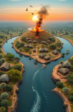 An aerial view of a vibrant 3D landscape featuring a river flowing from the bottom to the top of the canvas