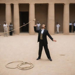 In the Pharaoh's bustling courtyard, a magician throws a rope onto the ground, his eyes flashing with anticipation as observers wait with bated breath for the spectacle to unfold.