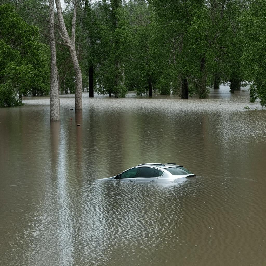 An SUV submerged up to its roof in a flooded river, encapsulating a dramatic image of extreme natural events.