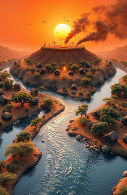 An aerial view of a vibrant 3D landscape featuring a river flowing from the bottom to the top of the canvas