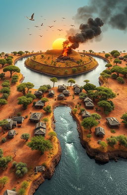 An aerial view of a vibrant 3D landscape featuring a river flowing from the bottom to the top of the canvas