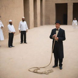 In the Pharaoh's bustling courtyard, a magician throws a rope onto the ground, his eyes flashing with anticipation as observers wait with bated breath for the spectacle to unfold.