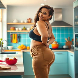A hot chubby woman in a playful pose, standing in a vibrant kitchen