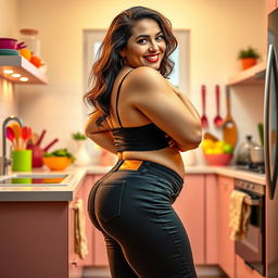 A hot chubby woman in a playful pose, standing in a vibrant kitchen