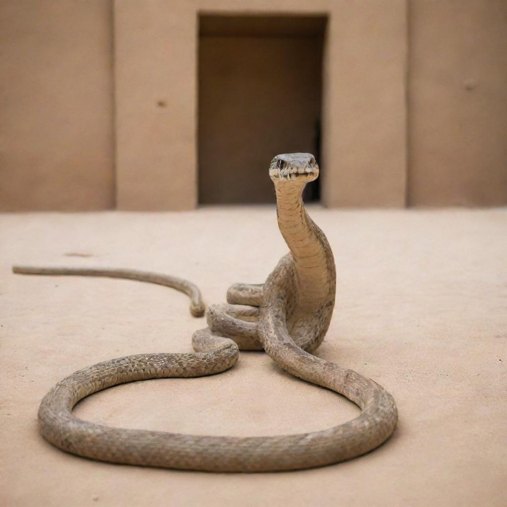 In a flash, the previously inert rope animates into a slithering snake in the Pharaoh's courtyard, provoking gasps of astonishment among the spectators.