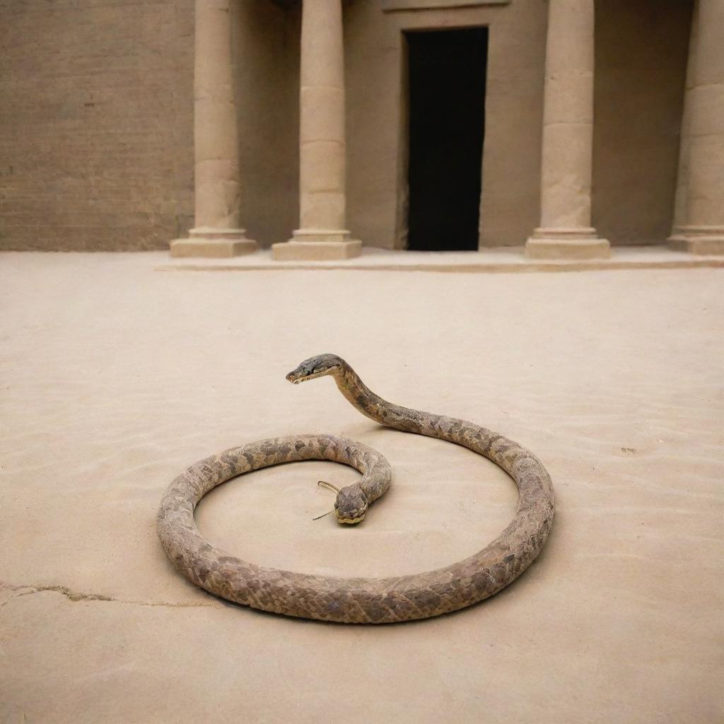 In a flash, the previously inert rope animates into a slithering snake in the Pharaoh's courtyard, provoking gasps of astonishment among the spectators.