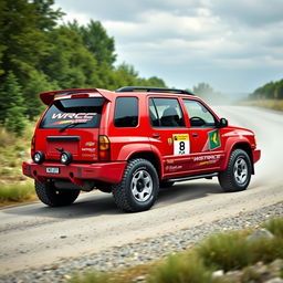 A stylized red 2001 Chevy Tracker designed as a World Rally Championship (WRC) car