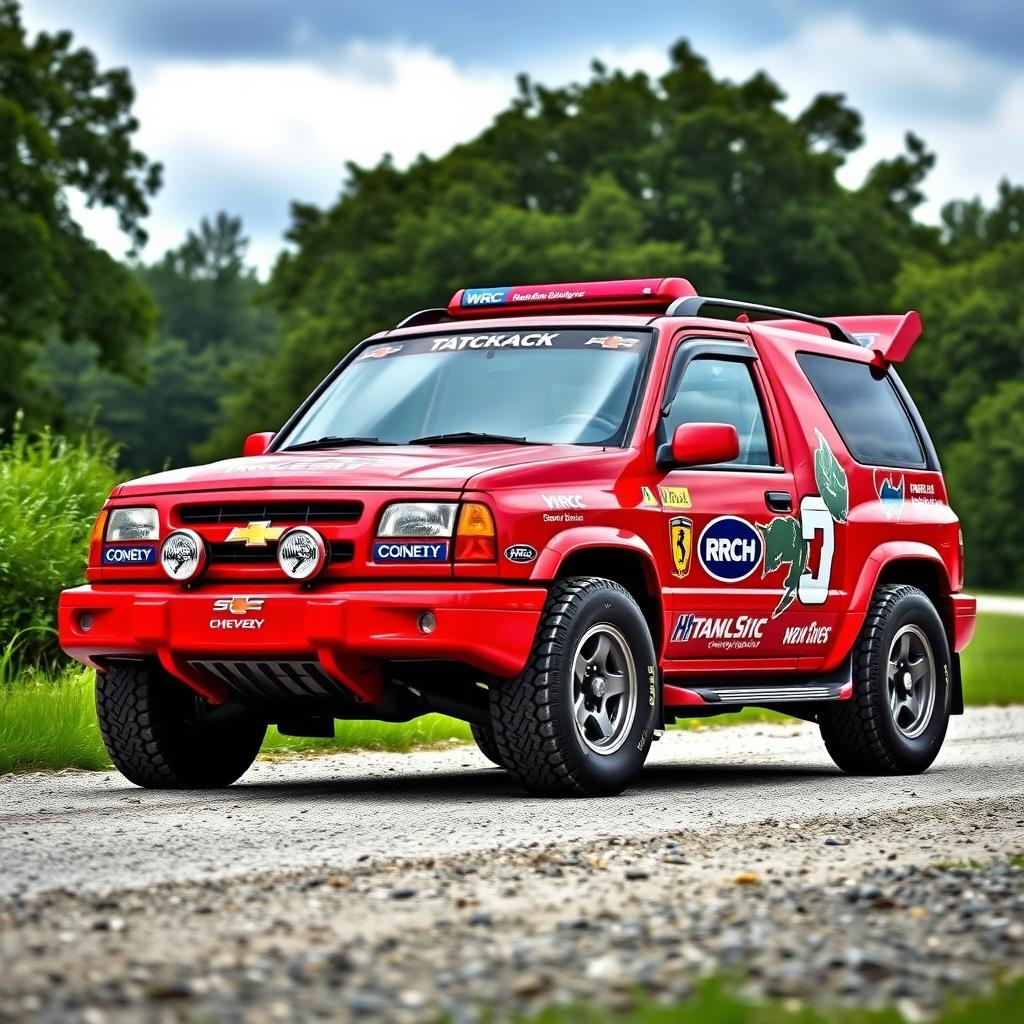 A stylized red 2001 Chevy Tracker designed as a World Rally Championship (WRC) car