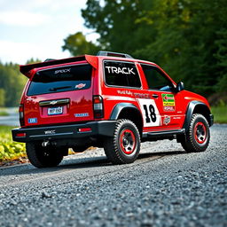A stylized red 2001 Chevy Tracker designed as a World Rally Championship (WRC) car
