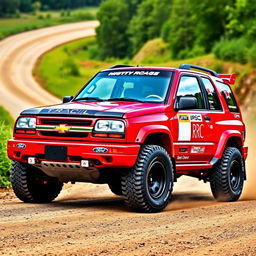 A stylized red 2001 Chevy Tracker designed as a World Rally Championship (WRC) car