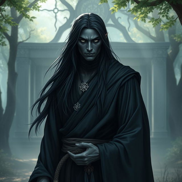 A drow monk depicted in a serene fantasy RPG setting