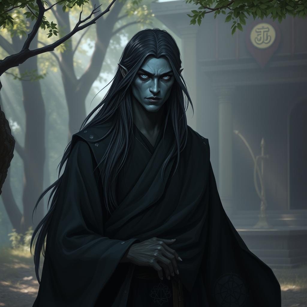 A drow monk depicted in a serene fantasy RPG setting