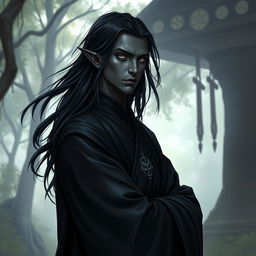 A drow monk depicted in a serene fantasy RPG setting
