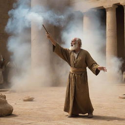 In the mesmerizing confrontation, Prophet Moses gracefully lifts his staff, then throws it onto the ground, evoking an aura of divine power that suppresses the smoke and mirrors of the pharaoh's sorcerers.