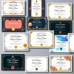 A collection of beautifully designed certificates, each showcasing unique artistic styles such as elegant calligraphy, vibrant colors, and intricate borders