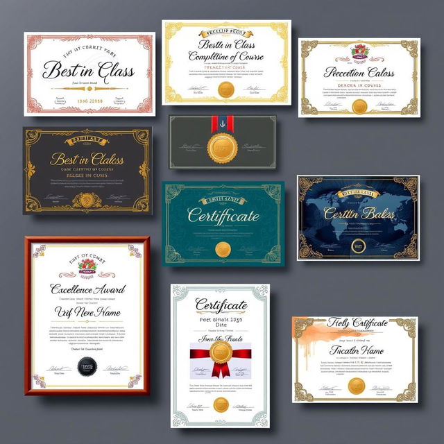 A collection of beautifully designed certificates, each showcasing unique artistic styles such as elegant calligraphy, vibrant colors, and intricate borders