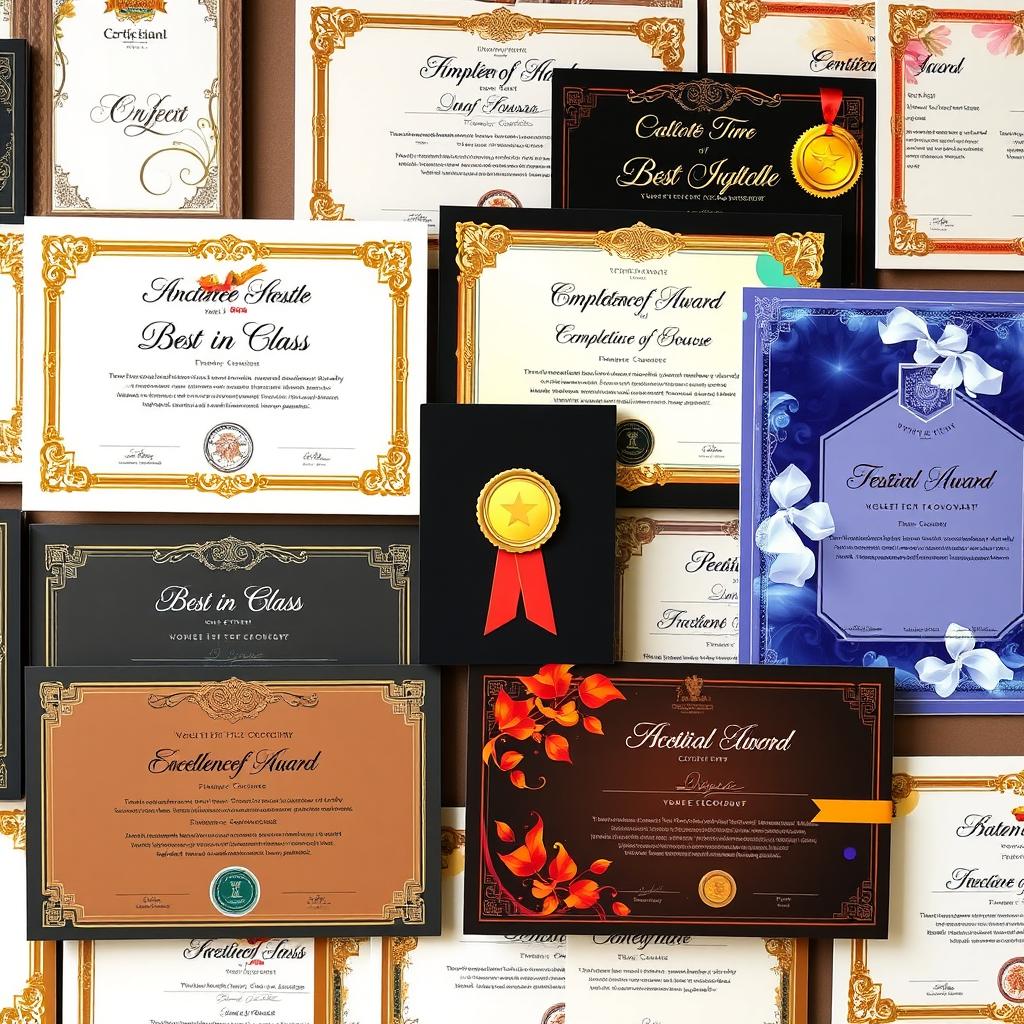 A collection of beautifully designed certificates, each showcasing unique artistic styles such as elegant calligraphy, vibrant colors, and intricate borders