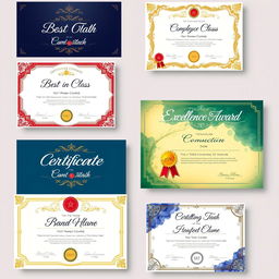 A collection of beautifully designed certificates, each showcasing unique artistic styles such as elegant calligraphy, vibrant colors, and intricate borders