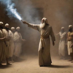 In the mesmerizing confrontation, Prophet Moses gracefully lifts his staff, then throws it onto the ground, evoking an aura of divine power that suppresses the smoke and mirrors of the pharaoh's sorcerers.