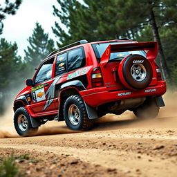 A striking red 2002 Chevy Grand Vitara designed as a World Rally Championship (WRC) car